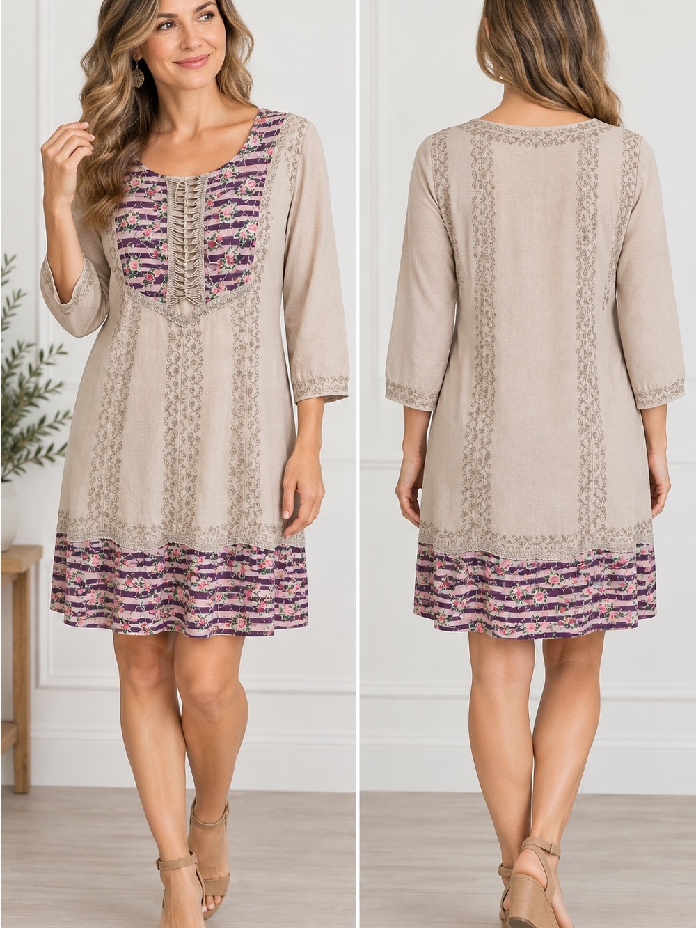 Y2K Boho Embroidered Floral Rayon Dress Size M Mauve Taupe Tie Back